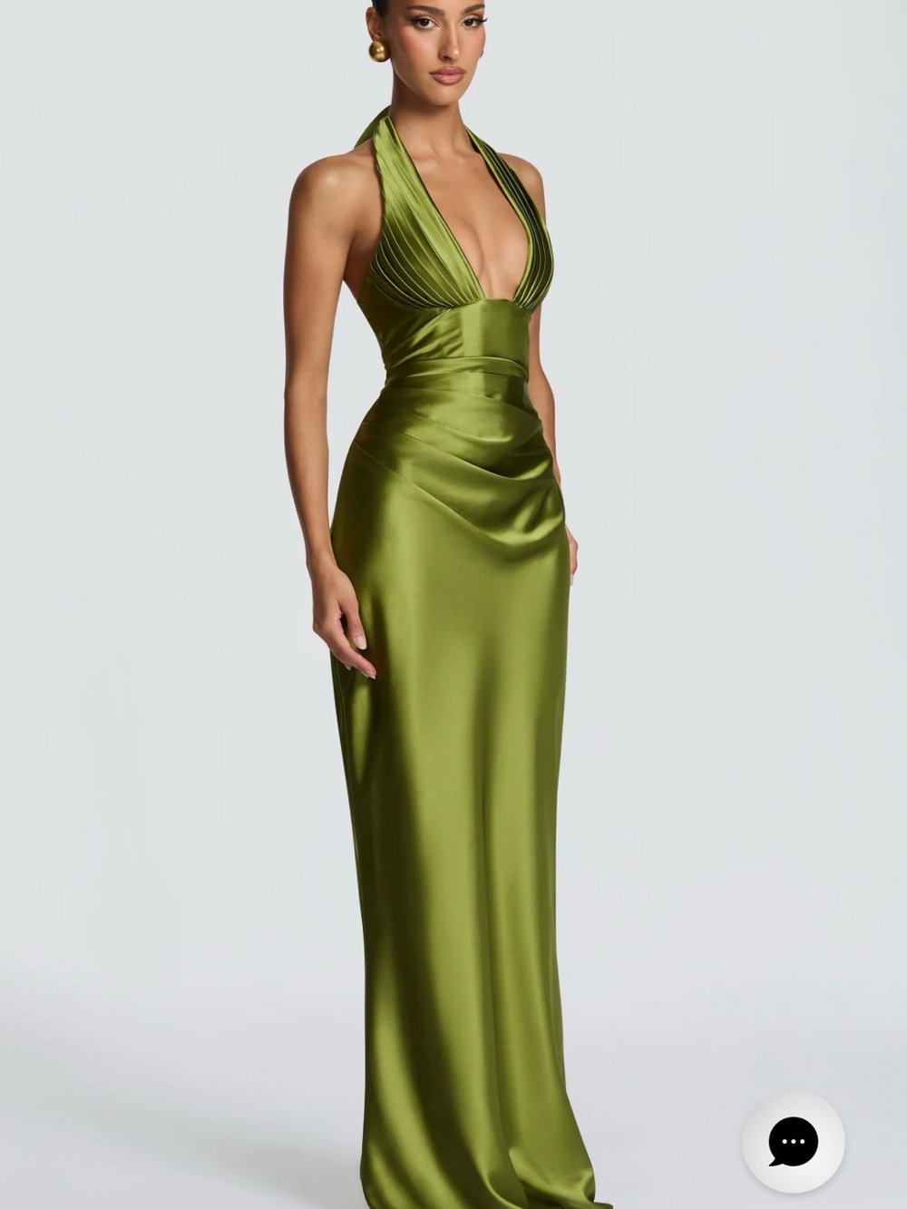 Satin Olive Halter Maxi Dress with Plunging V-Neck - Picture 2 of 8